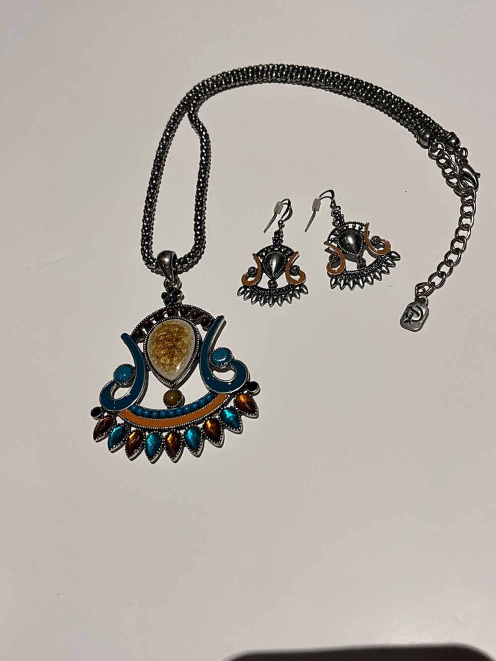 Bohemian Teardrop Pendant Necklace & Earring Set - Turquoise & Brown